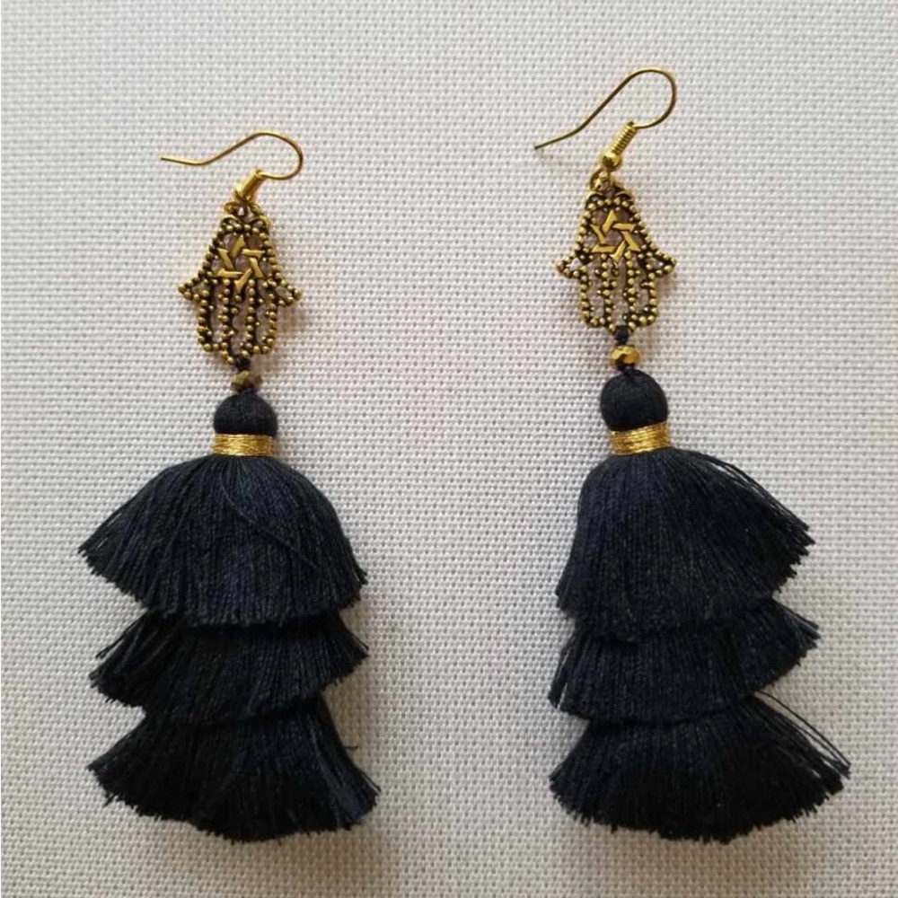 New Hamsa Hand & Star Of David Black 3 Layer Thread Tassel Earrings